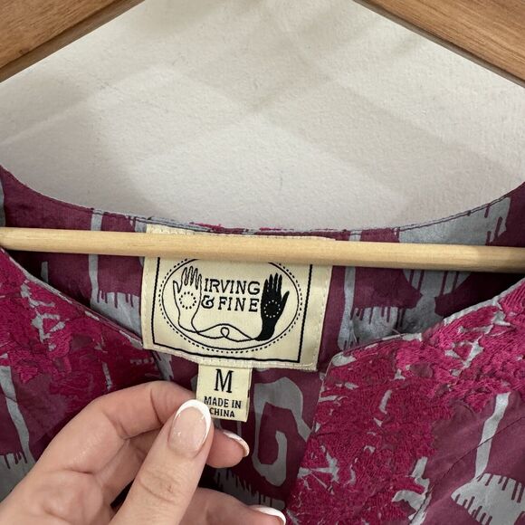 Irving & Fine Balloon Sleeve 100% Silk Geometric Print Blouse Boho Chic - Picture 4 of 5